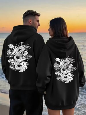 Nevermind Sevgili Kombini Ejderha Sırt Desenli Kapşonlu Sweatshirt – Oversize 3 Iplik Unisex Hoodie