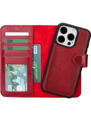 AbbasShop Apple iPhone 15 Pro Uyumlu Deri Cüzdanlı Kılıf Mwwn V4EF Kırmızı