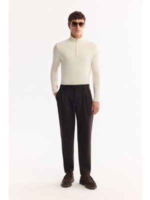 AVVA Erkek Kahverengi Klasik Bel Yün Karışımlı Soft Touch Carrot Fit Pantolon A52Y3012