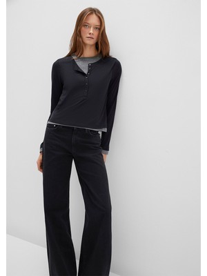 Mavi Yün Karışımlı Çift Katlı Siyah Uzun Kollu Tişört 1613400-900