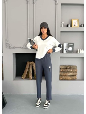 Elaxi Kadın Armalı Modal Kumaş V Yaka Tişort Pantolon Ikili Takım