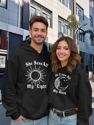 Nevermind Sevgili Kombini Oversize Hoodie – Güneş ve Ay Baskılı 3 Iplik Unisex Sweatshirt 2'li Set