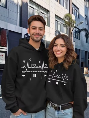 Nevermind Sevgili Çift Kombini Kalp Nabız Müzik Baskılı Kapüşonlu Sweatshirt 2li Set Takım 3 Iplik Pamuk