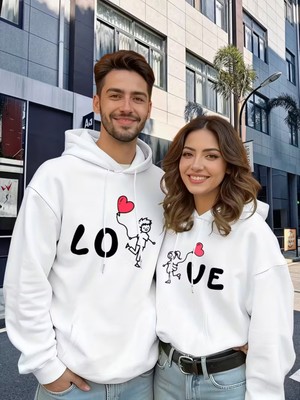 Nevermind Sevgili Çift Kombini Love Baskılı Kapüşonlu Sweatshirt 2li Set Takım 3 Iplik Pamuk