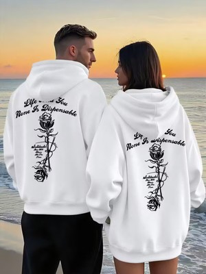 Nevermind Gül ve Yazı Baskılı - Tarz Sevgili Kombini 2'li Oversize Unisex Kapüşonlu Sweatshirt Seti