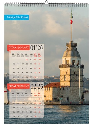 Genel Tedarik 2026 Ülkeler Duvar Takvimi A3-Üstten Spiralli ve Askılı