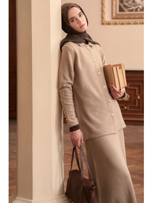 Carell Düz Örgü Triko Etekli Takım Vizon