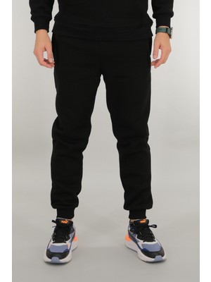 Souris Erkek Siyah Eşofman Altı Rahat Kesim 3 Iplik Şardonlu Ipli Ribana Bel