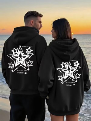 Nevermind Yıldız Desenli Baskılı Hoodie – Trend Sevgili Kombini Oversize 3 Iplik Sweatshirt 2'li Set