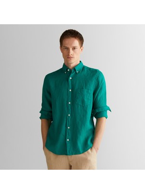 Gant Erkek Yeşil Regular Fit Düğmeli Yaka Keten Gömlek