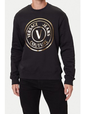Versace Erkek Altın Rengi Varak Baskı Amblemli Bisiklet Yaka Sweatshirt - Siyah/gold