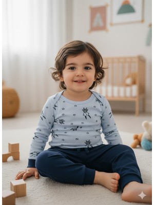 Şimo Butik Kız Erkek Çocuk Bebek Uzun Kollu Çıtçıtlı Body-Badi %100 Pamuk 3.5-4-5-6 Yaş Uzun Kulaklı Tavşan Mavi