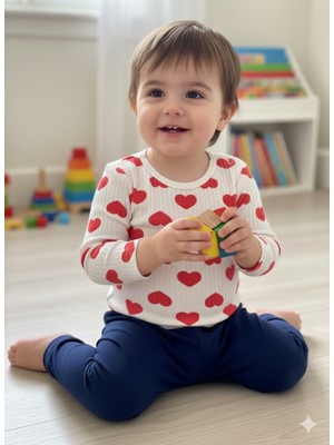 Şimo Butik Kız Erkek Çocuk Bebek Uzun Kollu Çıtçıtlı Body-Badi %100 Pamuk 1-2-3-4-5-6 Yaş Kırmızı Kalpli Fitilli