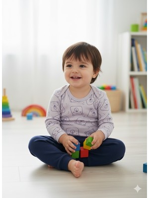 Şimo Butik Kız Erkek Çocuk Bebek Uzun Kollu Çıtçıtlı Body-Badi %100 Pamuk 1-2-3-4-5-6 Yaş Kare Kafa Ayı Lila