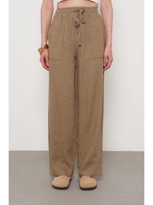 Orfeonegro Kadın %100 Keten Cep Detaylı Bol Paça Pantolon