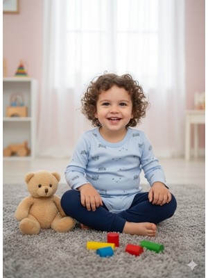 Şimo Butik Çocuk Bebek Uzun Kollu Çıtçıtlı Body-Badi %100 Pamuk Nefes Alabilen Kumaş 3.5-4-5-6 Yaş Çizgili Ayı Kafa Mavi