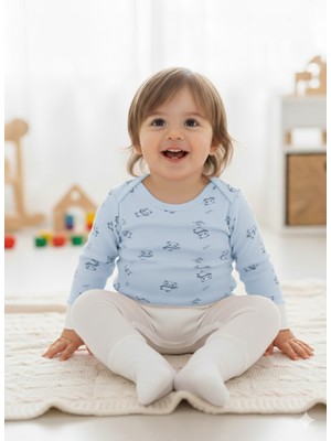 Şimo Butik Çocuk Bebek Uzun Kollu Çıtçıtlı Body-Badi %100 Pamuk Nefes Alabilen Kumaş 3.5-4-5-6 Yaş Panda Mavi