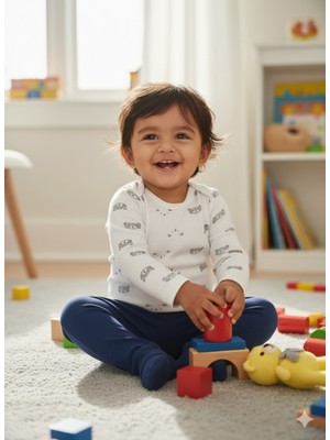 Şimo Butik Çocuk Bebek Uzun Kollu Çıtçıtlı Body-Badi %100 Pamuk Nefes Alabilen Kumaş 3.5-4-5-6 Yaş Çizgili Ayı Kafa Ekru