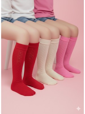 Şimo Butik Kız Çocuk Diz Altı Çorap Kendinden Desenli Pamuklu Nefes Alabilir Terletmez 3'lü Paket