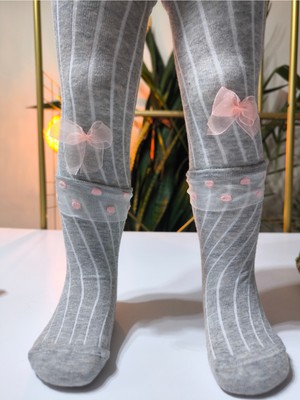 Şimo Butik Kız Bebek Çocuk Külotlu Çorap Pamuklu Fiyonklu Tüllü Fitilli Kokulu Gri