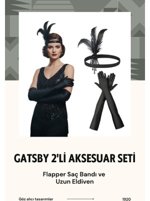 1920'LER Ikili Gatsby Aksesuar Seti – Siyah Taşlı Flapper Saç Bandı ve Uzun Eldiven