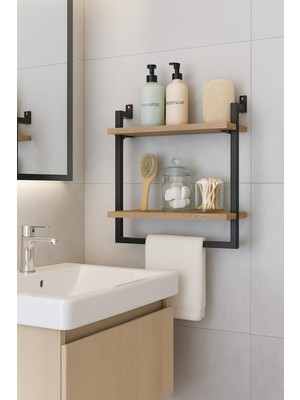 40x20 cm Banyo Rafı Duvara Monte Havluluk 2 Katlı Dekoratif Düzenleyici Organizer Siyah Metal