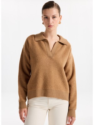 Fabrika Gömlek Yaka Relaxed Düz Camel Kazak Kadın F5WL-KZK0003