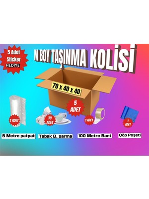 Esila Kağıtçılık 70X40X40 Taşınma Paketi M Boy 5 Adet Koli 1 Adet 5 Metre Patpat (Balonlu Naylon) 10 Adet Tabak/bardak Sarmalık Kâğıt 1 Adet 100 Metre Bant 1 Adet Çöp Poşeti Hediye: 5 Adet Sticker (Etiket)