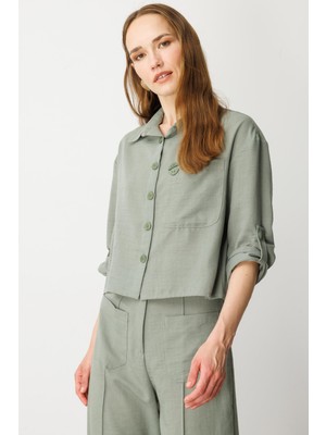 Accort Keten Görünümlü Oversize Kısa Gömlek-Çağla