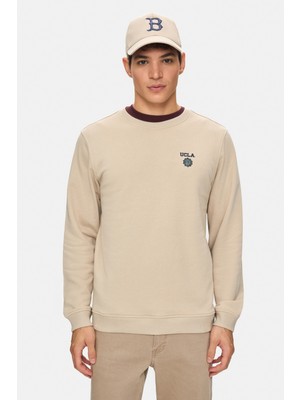 Ucla Valley Koyu Bej Bisiklet Yaka Baskılı Standard Fit Erkek Sweatshirt