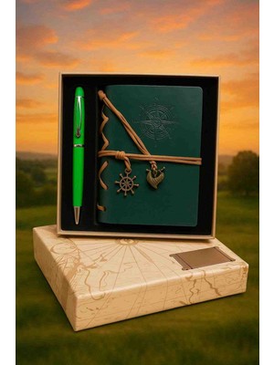 Wolawood Vintage Deri Kapaklı Pusula Tasarımlı Kraft Eskitme Sayfa Spiralli Çizgisiz Defter & Touchpen Tükenmez Kalem Yeşil Renk Özel Kutulu Hediyelik Set