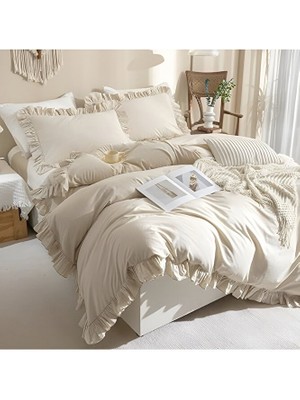 Metinev Krem Renk Fırfırlı Pamuk Saten Nevresim Takımı – Çift Kişilik – Cilt Dostu