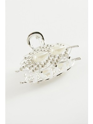 Fantastik Store Yaprak Inci Taşlı Metal Mandal Toka 4,5 cm