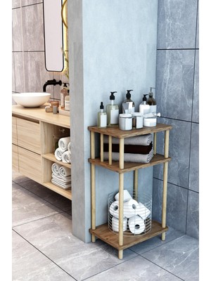 Vigom Atlantik Çam Banyo Köşe Rafı  3 Katlı Çok Amaçlı Raf  Ahşap Ayaklı Dekoratif Dresuar