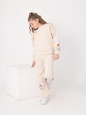 Giyinse Rengarenk Çiçek Kız Çocuk Eşofman Takımı Bej