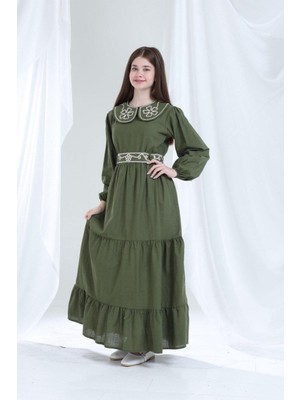 Giyinse Teknik Nakışlı Pamuk Dokuma Elbise Yeşil