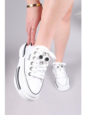 Birikon Burrel Cilt Garnili Kalın Tabanlı Paraşüt Sneakers Beyaz