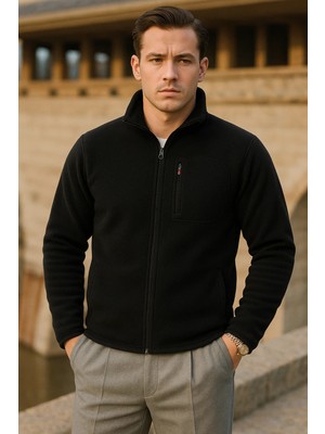 Comstar Erkek Kışlık Fermuarlı Trend Cepli Siyah Polar Ceket