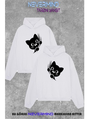 Nevermind Kombini - Kedi Desenli Sevgili Kombini 2'li Oversize Unisex Kapüşonlu Sweatshirt Seti