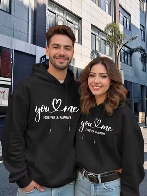Nevermind Sevgili Çift Kombini Sevimli You Love & Always Kapüşonlu Sweatshirt 2li Set Takım 3 Iplik Pamuk