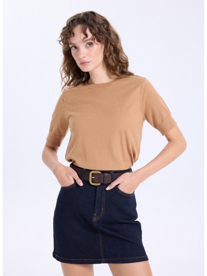 Jeep Bisiklet Yaka Basic Düz Örgü Desenli Camel Kazak Kadın J5WL-KZK7130