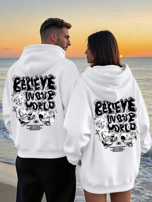Nevermind Believe In Your World Yazılı - Siyah Sevgili Kombini 2'li Oversize Unisex Kapüşonlu Sweatshirt Seti