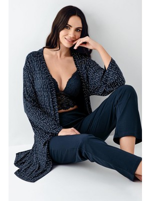 Arnetta Kadın Lacivert 3'lü Pijama Takım, Düz Alt Pijama Desenli Sabahlık ve Bralet Takım %50 Pamuk %50 Modal