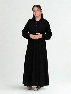Giyinse Aluna Ikili Bürümcük Pamuk Tam Boy Elbise Siyah