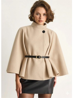 Vellichor Kadın Kemerli Kaşe Panço- Bej