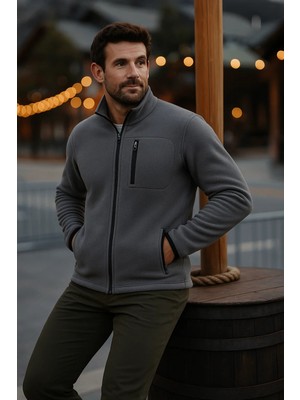 Comstar Erkek Fermuarlı Kalın Kışlık Trend Füme Polar Ceket