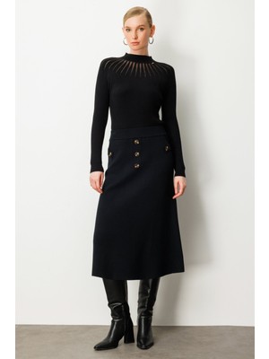 On Kadın Düğmeli Triko Etek 65207 Siyah