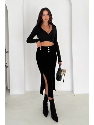 Düğme Detaylı Maxi Boy Triko Etek Siyah