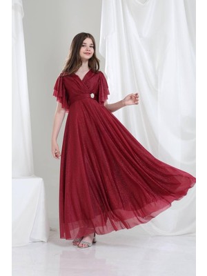 Giyinse Kristal Kumaş Abiye Elbise Bordo