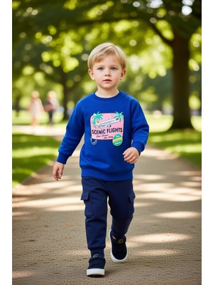 PayBuy Erkek Çocuk Seyahat Temalı Pamuklu Örme Takım Uçak ve Palmiye Baskılı Kaliteli Şık Rahat